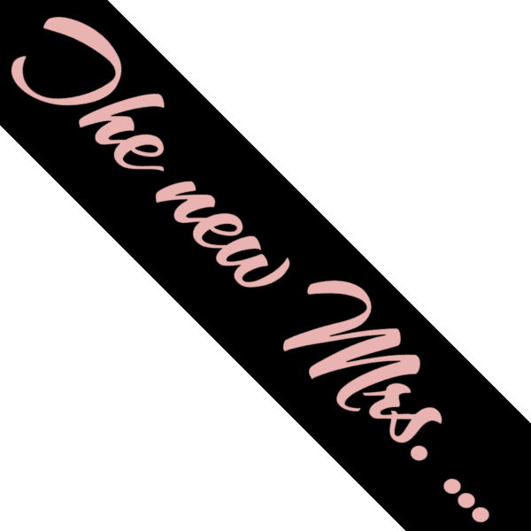 Mock image of a sash with the text "The new Mrs. ..." where a surname can be added.